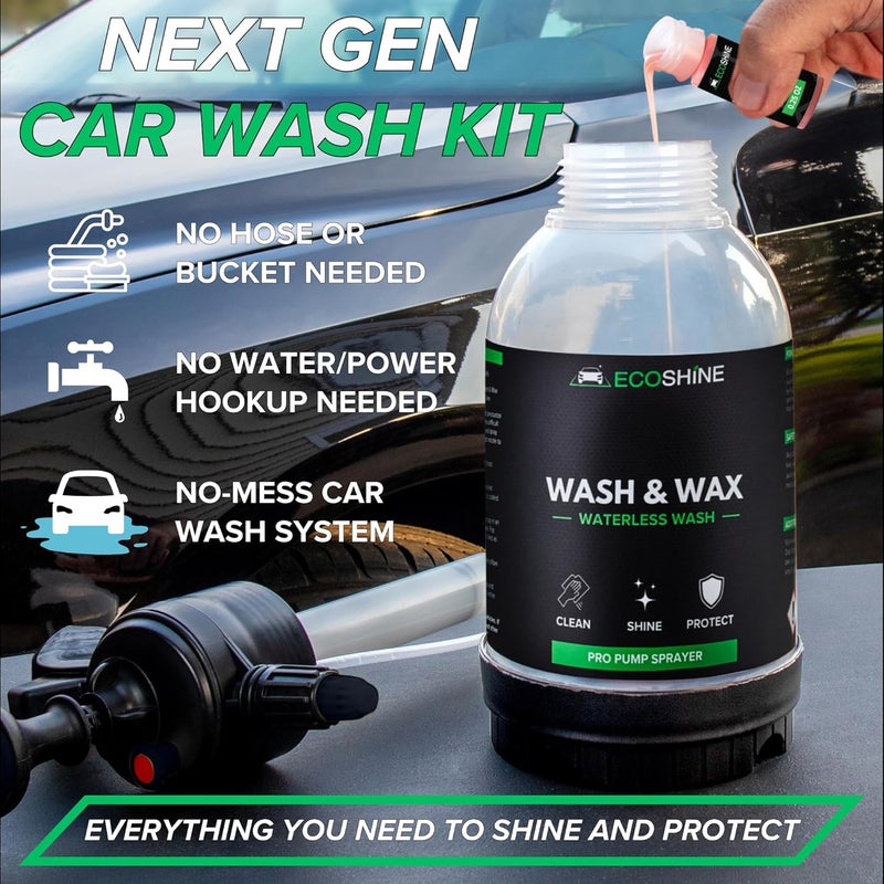 Eco Shine طقم غسيل السيارات بدون ماء | صيغة غسيل وشمع مركزة للغاية بدون شطف مع بخاخ مضخة غير رغوي لتفاصيل السيارة السريعة | يصنع 1 جالون من غسيل وشمع جاهز للاستخدام بدون ماء - Image 3